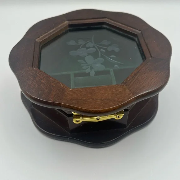 Wooden Octagonal Ring Earring Holder Jewelry Box with Glass Top Styled by Mele - Picture 8 of 9